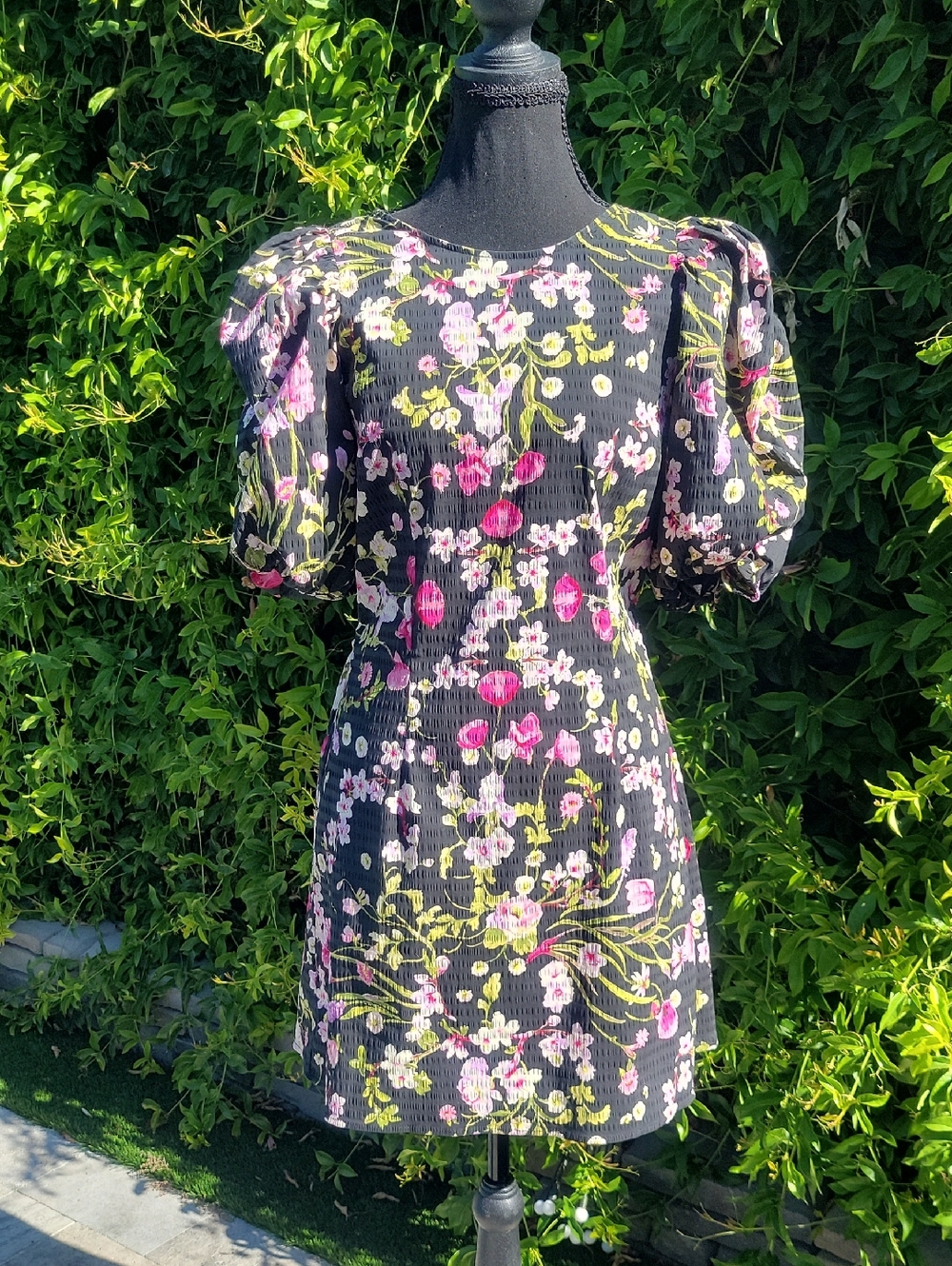 H&M Botanical Black Open Back Puff Sleeve Floral Mini Dress Cottagecore M